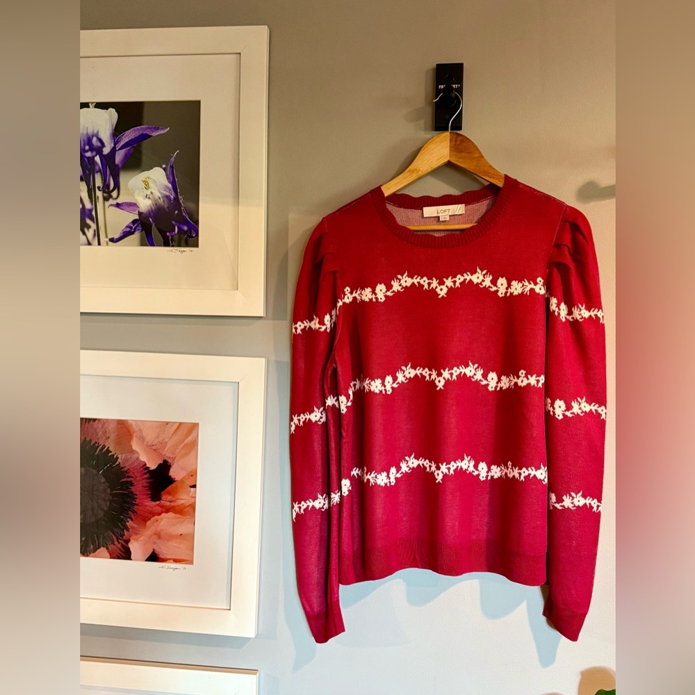 LOFT Red Floral Stripe Pullover Sweater